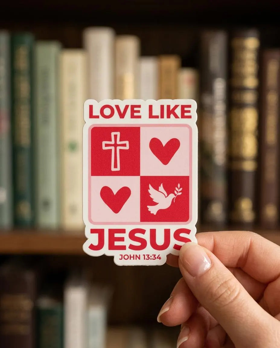 Sticker with 'Love Like Jesus' design held in front of bookshelf