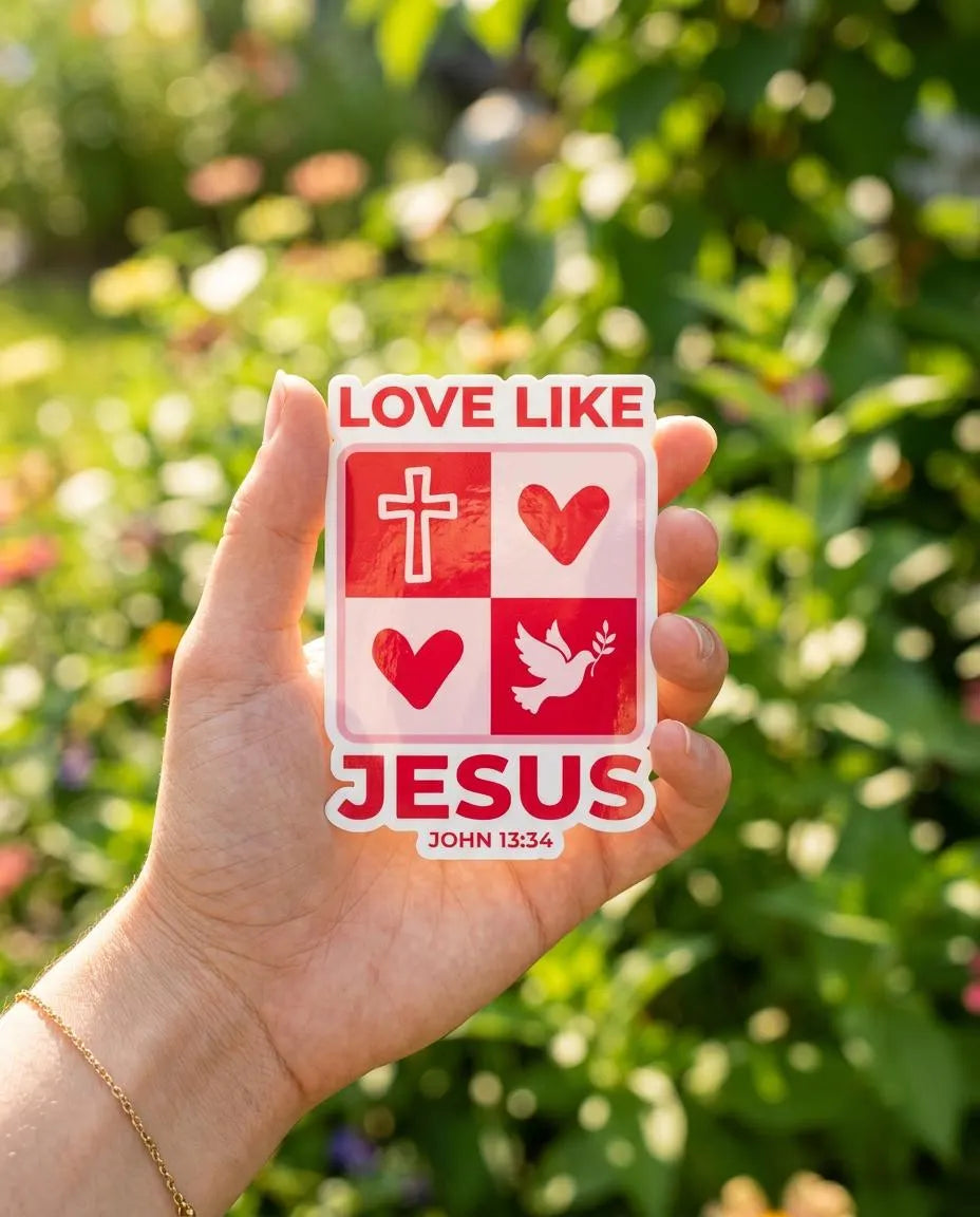 Hand holding a 'Love Like Jesus' sticker with religious symbols against a blurred green background