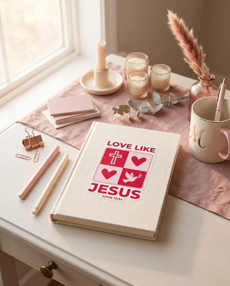Christian Sticker 'Love Like Jesus' on a table with candles and decor