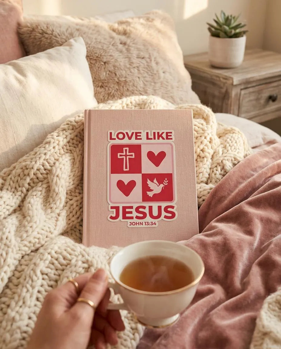 Christian sticker 'Love Like Jesus' on a cozy blanket with a hand holding a cup of tea.