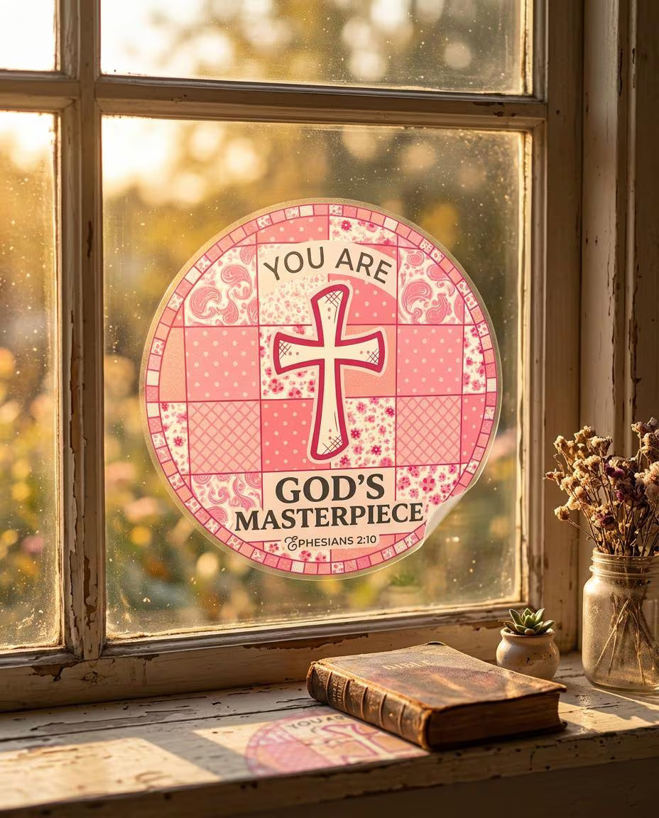 Decorative sticker "You Are God's Masterpiece" with cross and text on a window, with a book and vase on a windowsill.