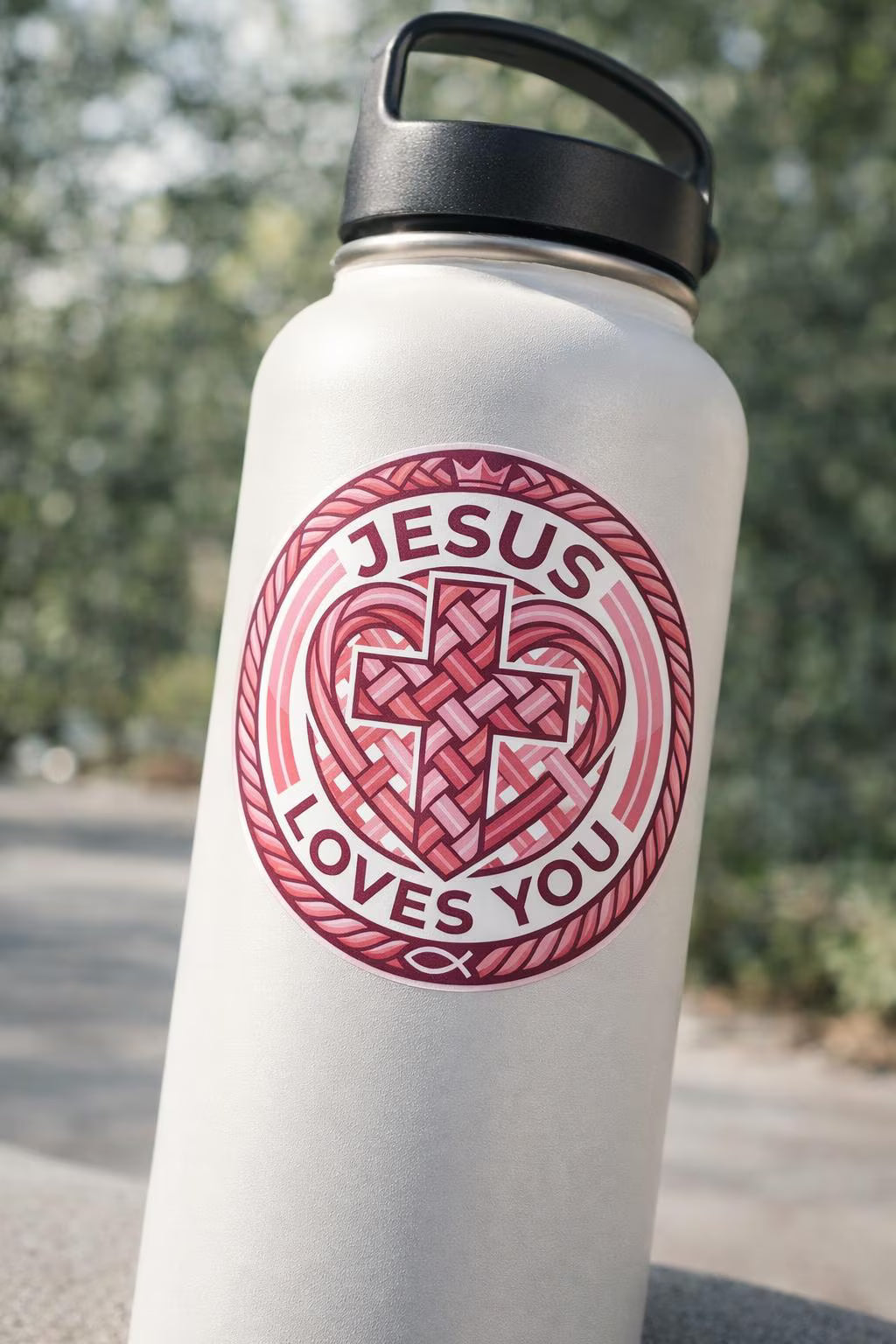 White water bottle with 'Jesus Loves You' design on a blurred natural background