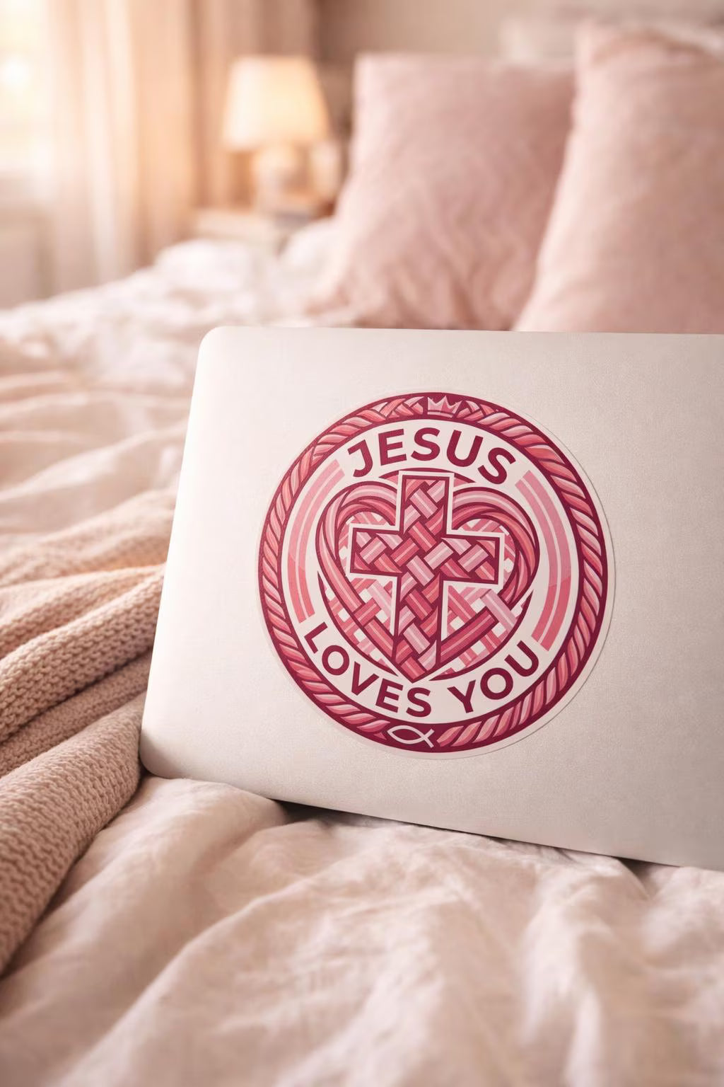 Sticker with 'Jesus Loves You' design on a bed with pink bedding