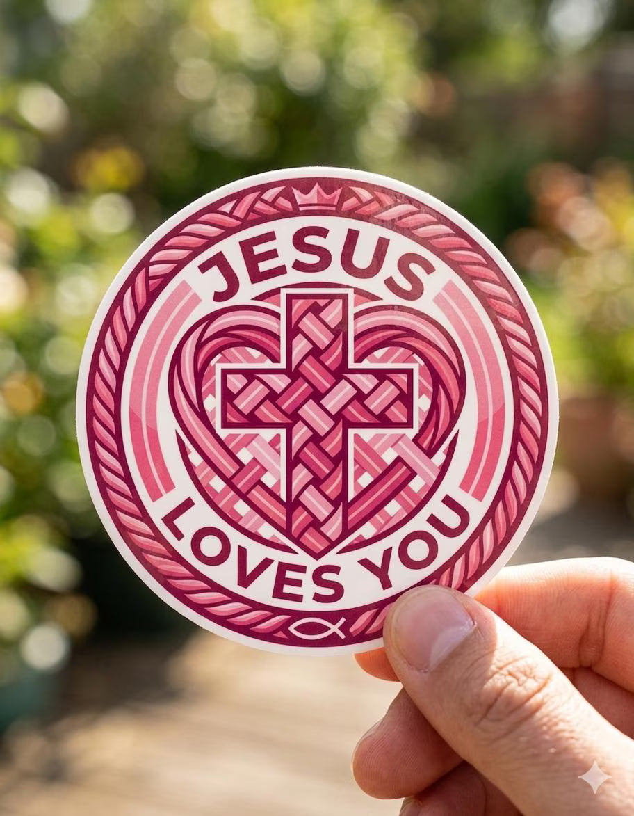 Sticker with 'Jesus Loves You' design held by a hand against a blurred natural background
