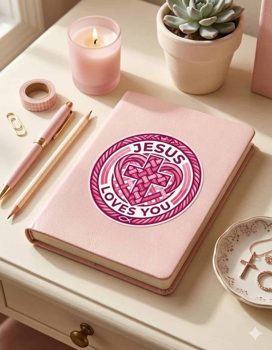 Pink notebook with 'Jesus Loves You' sticker on a desk with candles and pens.