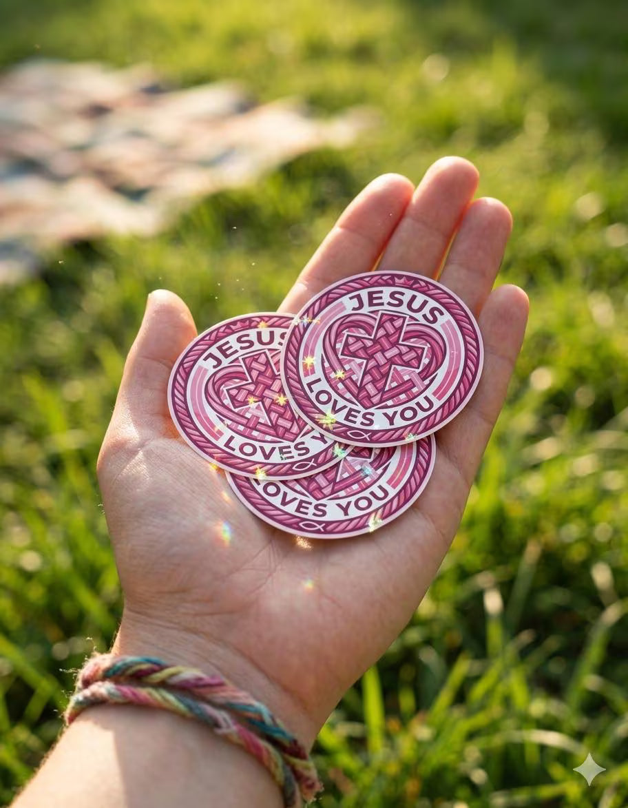 Hand holding pink 'Jesus Loves You' stickers against a grassy background