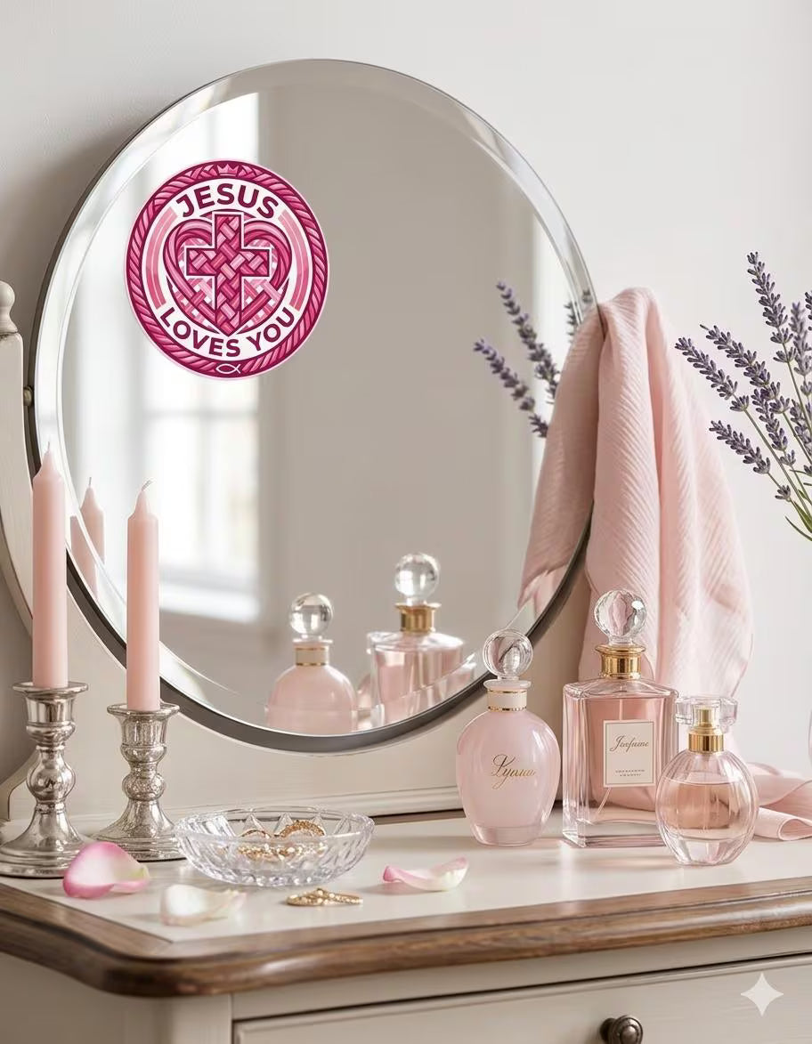 Decorative mirror with 'Jesus Loves You' decal, pink perfume bottles, and candles on a dresser.