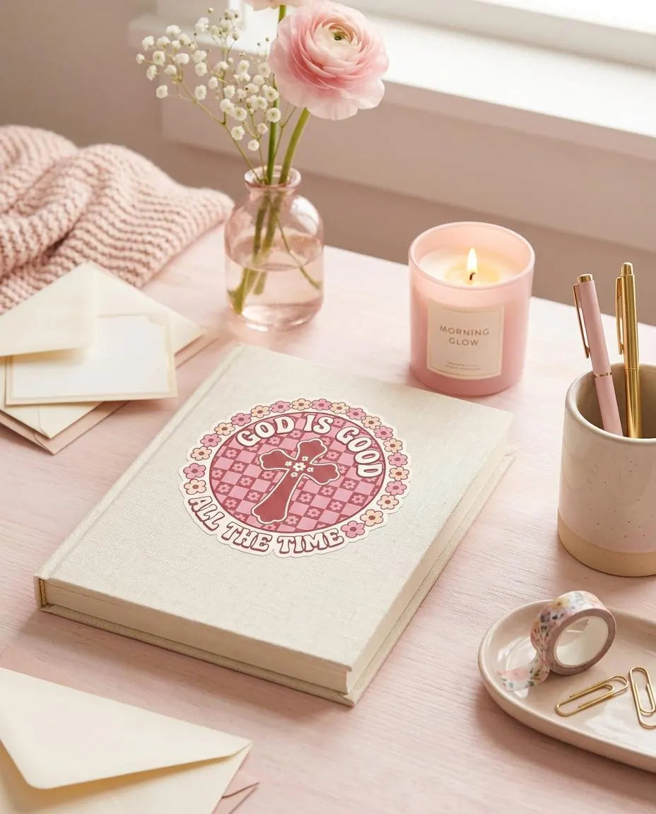 Retro pink Christian sticker on journal with floral checkerboard cross design and the phrase “God Is Good All The Time” in bold vintage lettering.