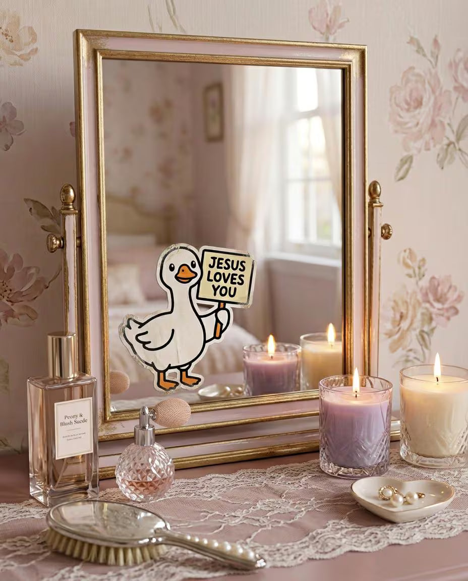 Decorative setup with candles, mirror, and 'Jesus Loves You' sticker on a floral wall.