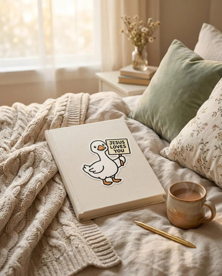 Notebook with a sticker of a goose holding a "Jesus Loves You" Sign on a bed with a mug and pen