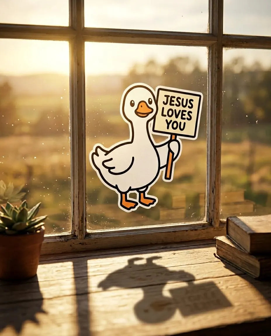 Sticker of a goose holding a 'Jesus Loves You' sign in front of a window with a scenic view.