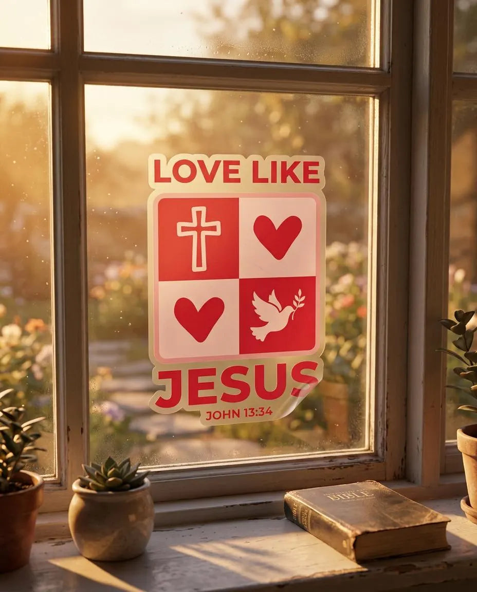 Decorative window sticker "Love like Jesus" "John 13:34" on a window with a view of greenery.