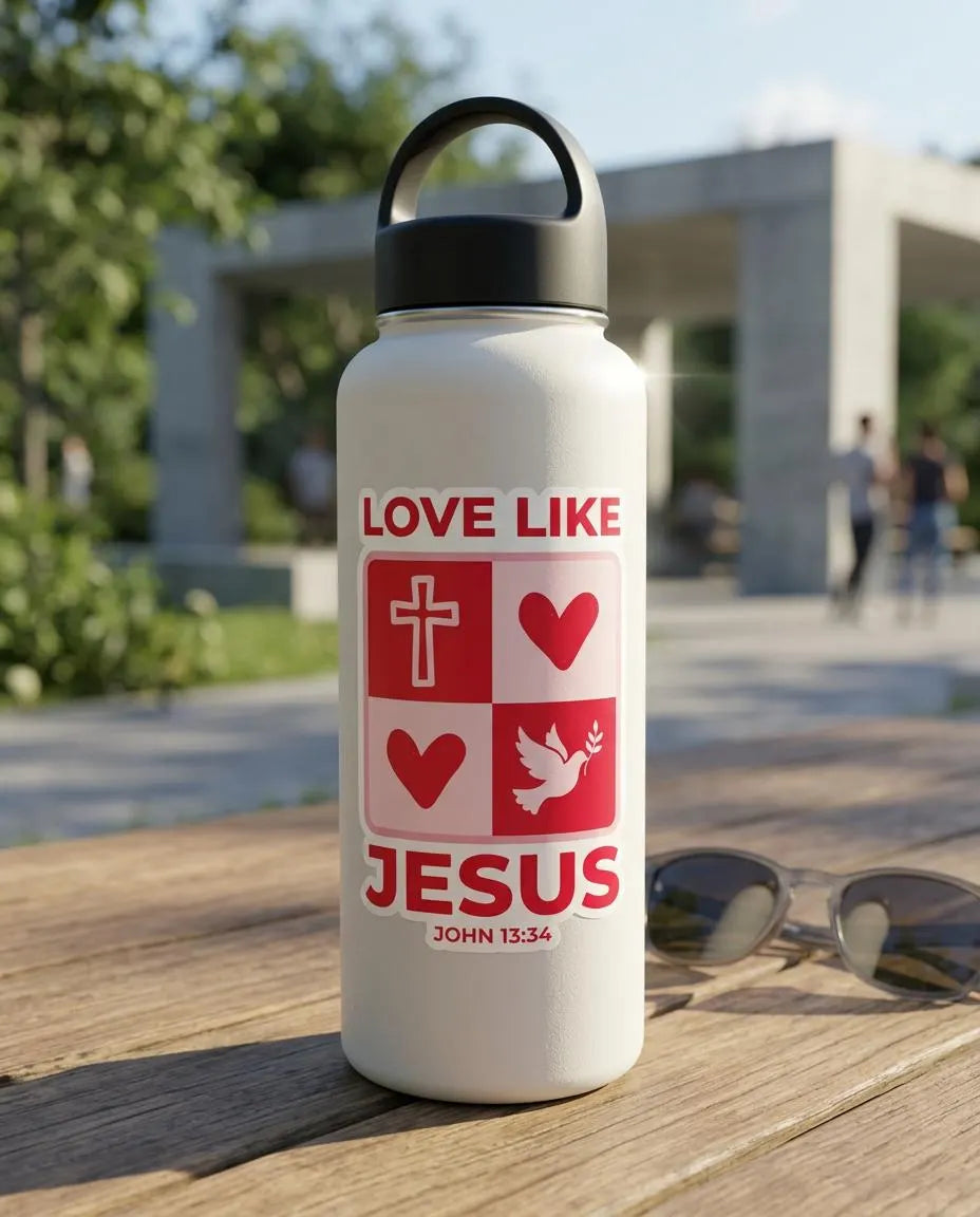 White water bottle with "Love like Jesus" sticker on a wooden surface outdoors