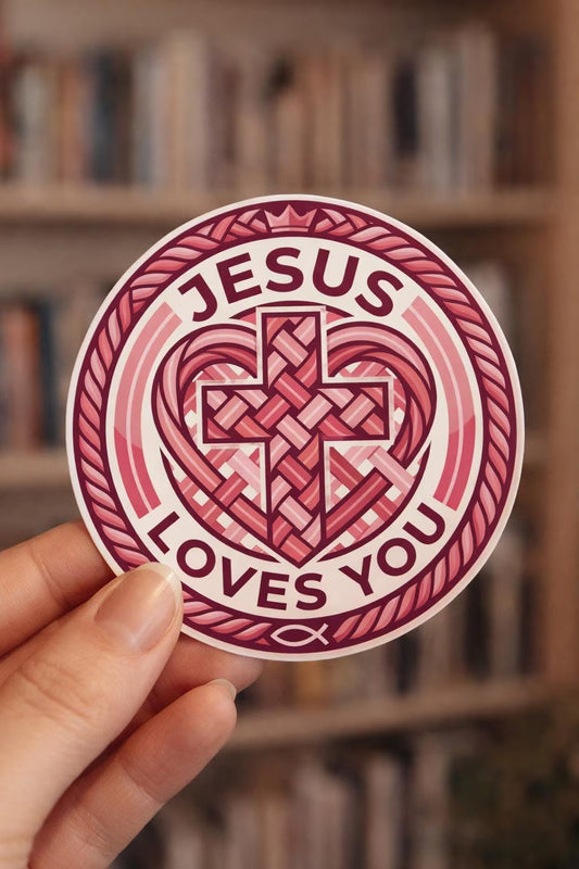 Sticker with 'Jesus Loves You' text held in front of a bookshelf