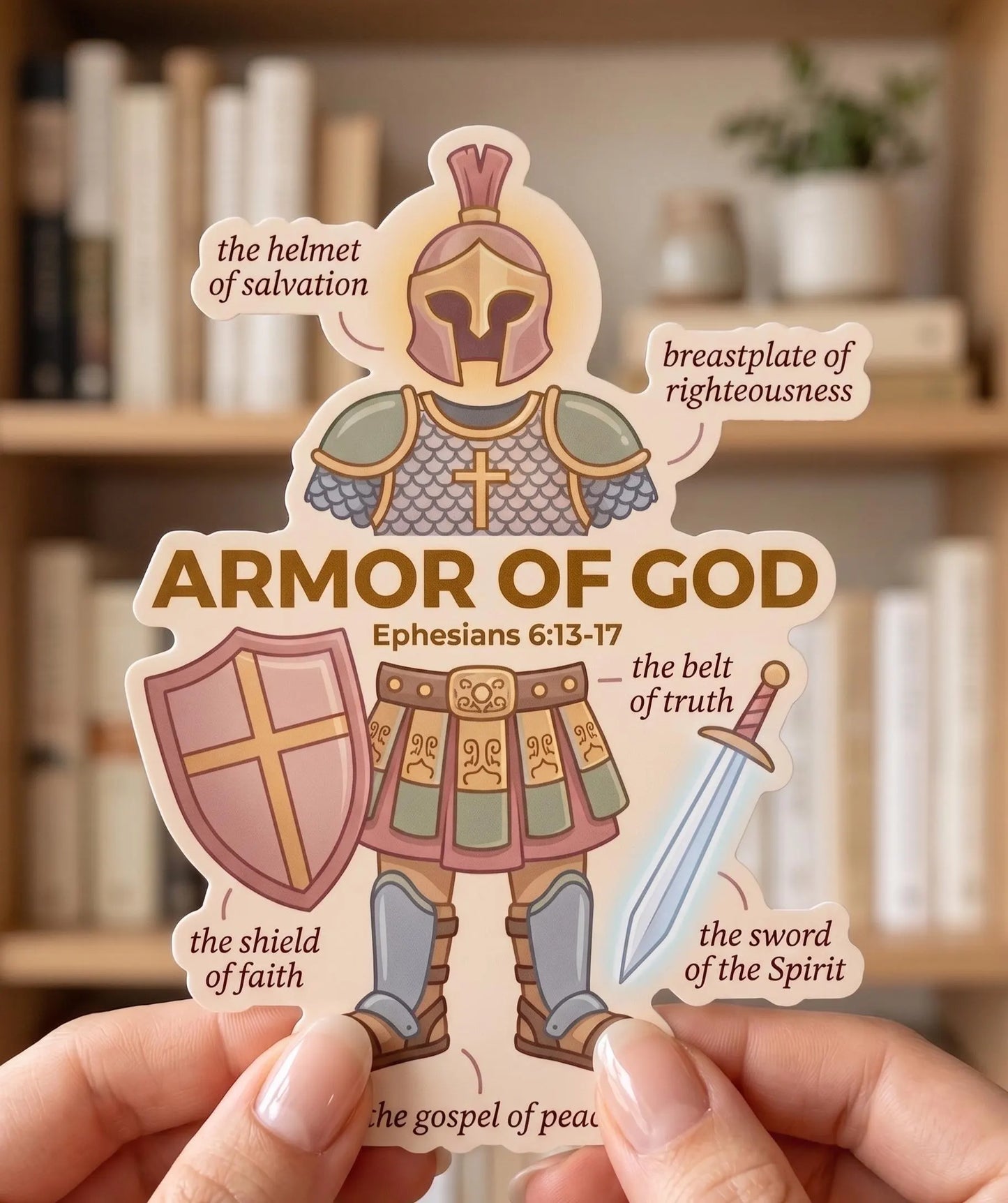 Sticker of Armor of God with labeled parts held in front of a bookshelf.