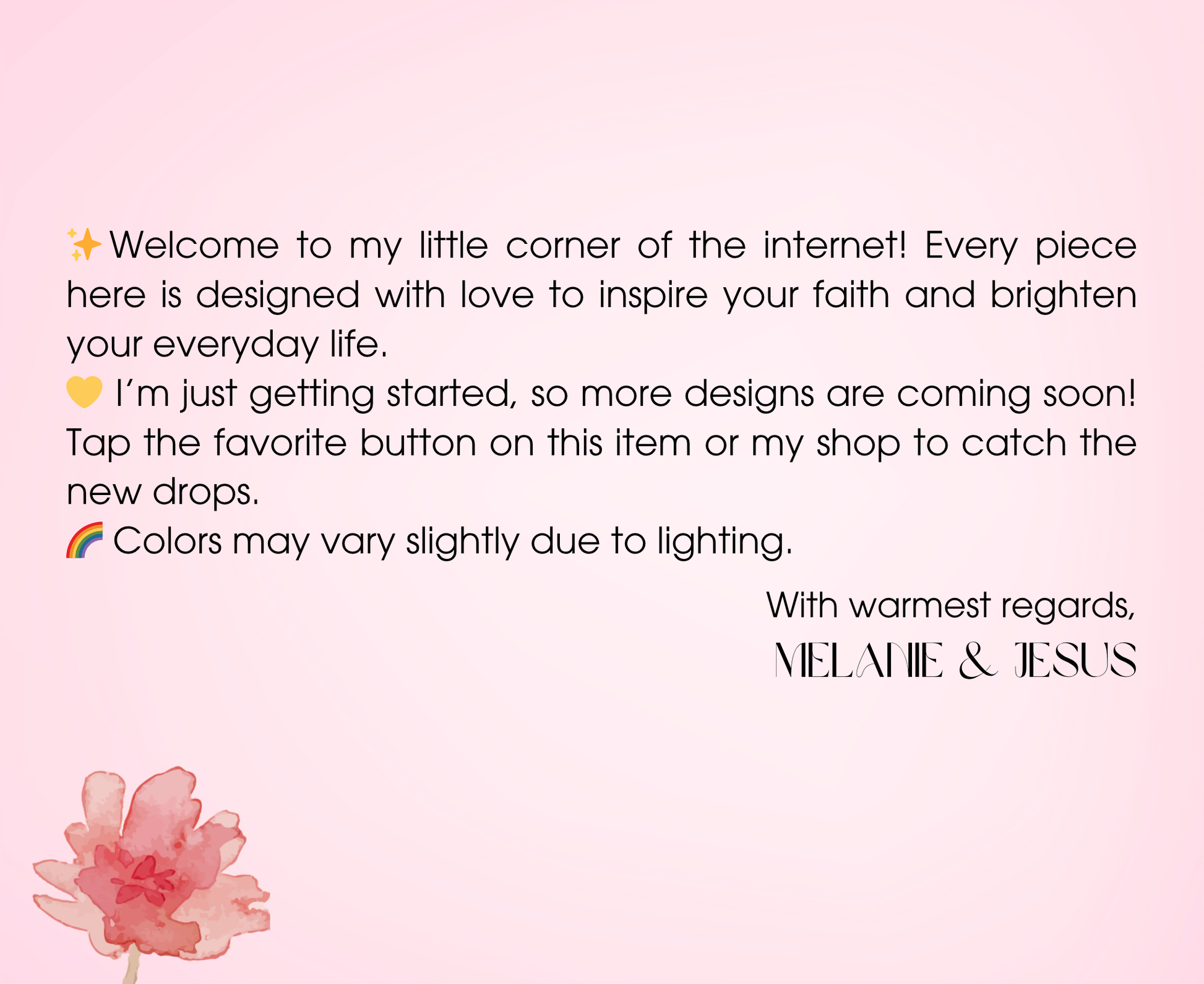 Message on a pink background with a flower graphic, welcoming viewers to a digital store.